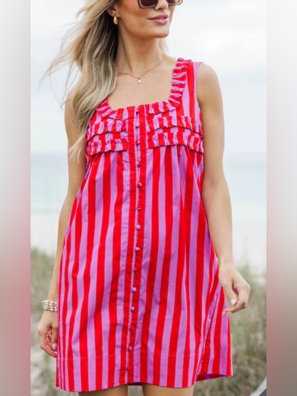 Entro Just About Perfect Shift Dress Striped Pink Red Sleeveless Button Front M